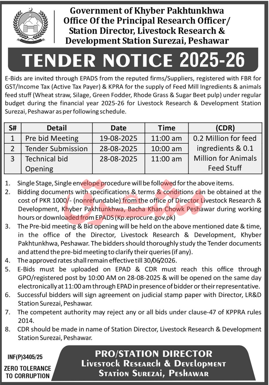 Livestock Research & Development Station Peshawar Tender Notice